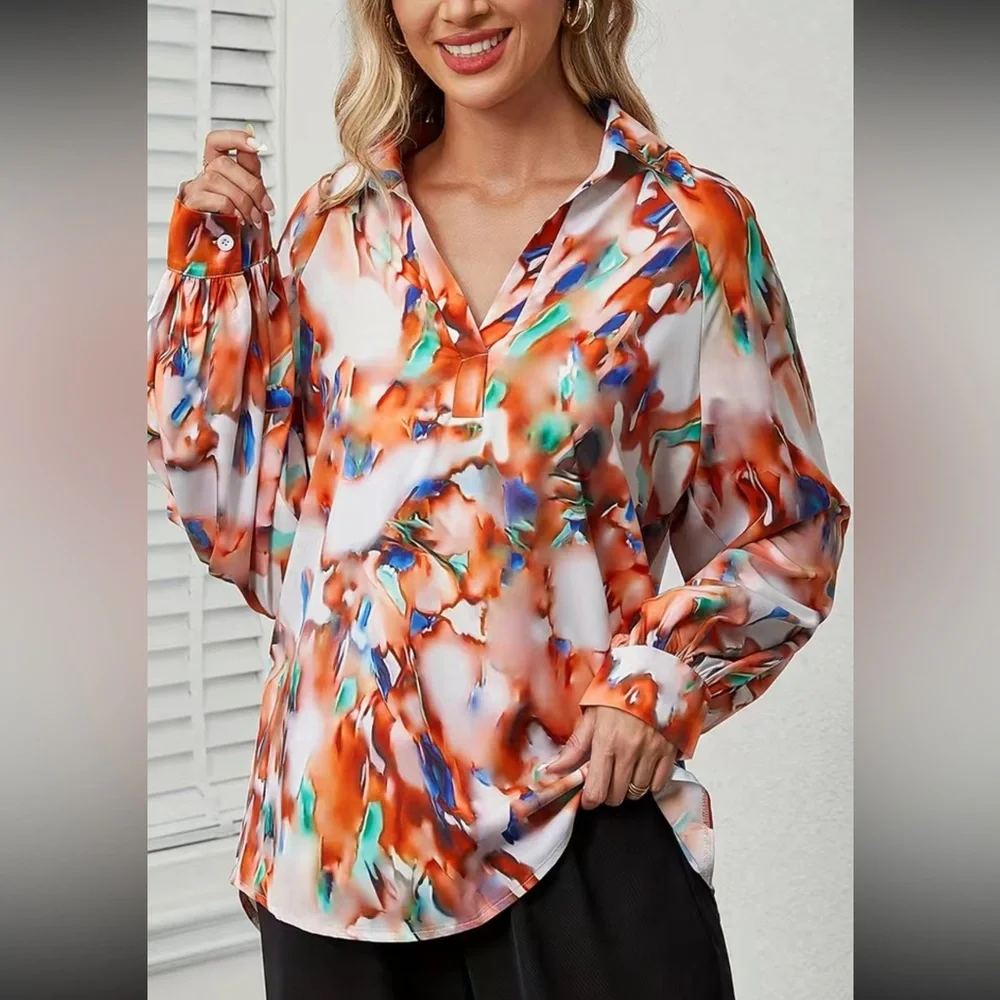 Luxe tie dye print V neck blouse